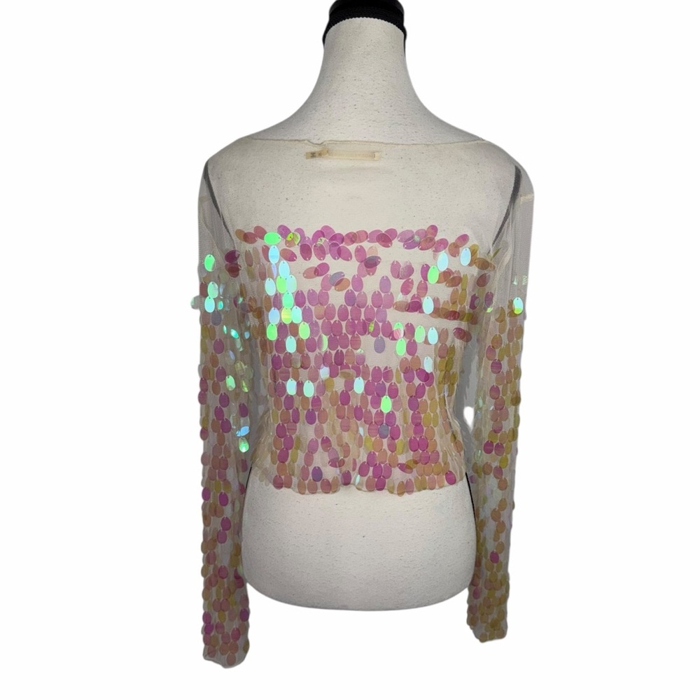 Mustard Seed Sequin Mesh Sheer Top Small Iridescent Y2K Festival Rave Party Glam - Picture 3 of 11